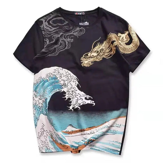 Kanagawa Wave Dragon Embroidery T-Shirt