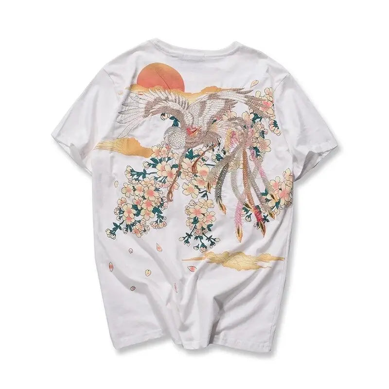 Sakura Crane Bird Embroidery T-Shirt
