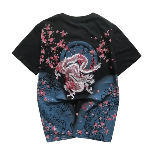Sakura Cherry Blossom Dragon Embroidery T-Shirt
