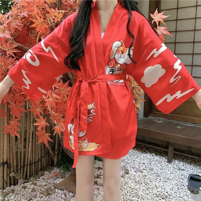 Lucky Cat Red Women’s Kimono Jacket